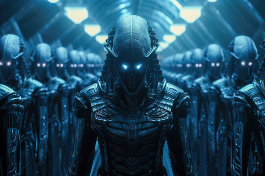 Video game scene portraying a menacing Alien Army, blending biomechanics and future-war aesthetics