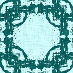 Teal blue white vibrant watercolor batik azulejos tile border banner background. Seamless coastal blur linen effect geometric mosaic effect. Patchwork nautical masculine summer ribbon trim. 