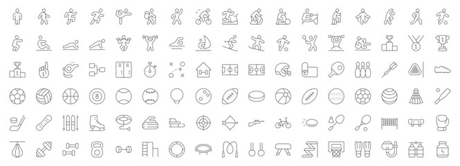 Fototapeta na wymiar Sports line icons. Vector illustration include icon - swimming, bowling, golf, basketball, cloakroom, football, workout, fitness, fitball outline pictogram for healthy activity . Editable Stroke