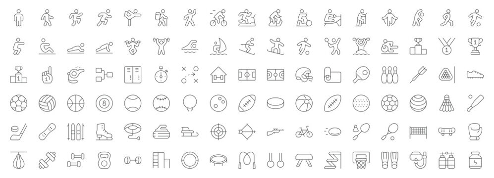 Sports line icons. Vector illustration include icon - swimming, bowling, golf, basketball, cloakroom, football, workout, fitness, fitball outline pictogram for healthy activity . Editable Stroke