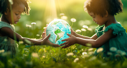 International day of peace concept. Two African little girls holding earth globe. African children holding planet earth planet earth over defocused nature background with copy space. digital ai