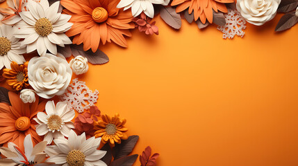 Gerbera flowers with frame on orange background. Generative Ai