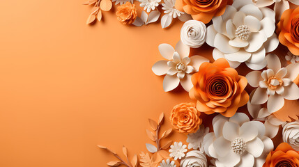 Many flowers made of paper on orange background with copy space. Generative Ai
