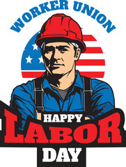 labor day illustration of worker man in front of the flag of United States of America