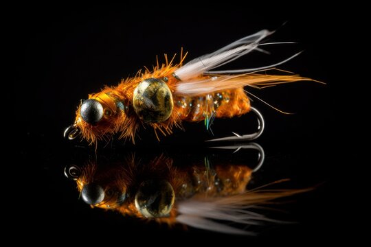 Fluffy fly fishing hook isolated on black background. realistic Fishhook in shape of bee. Place for text banner. Vacations, fishing and Hobby concept