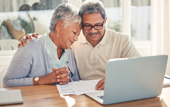 Senior couple, documents and computer for home, investment or budget, retirement or pension with love and hug. Elderly woman and man on laptop for asset management, loan agreement and life insurance