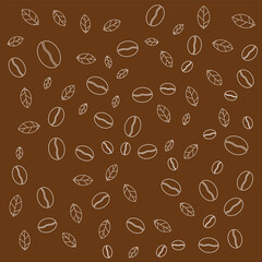 vector illustration of coffee bean pattern including seamless on brown background. sketch of coffee beans. Hand drawn coffee beans and leaf vector.