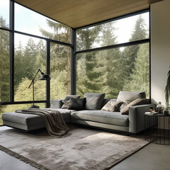 corner sofa in modern interior overlooking the old forest - 639605290