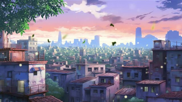 Beautiful fantasy city buildings at evening time background animation in anime or cartoon watercolor painting illustration style