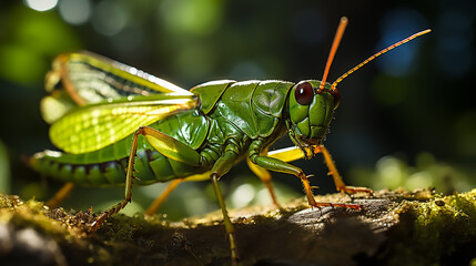 A vibrant green grasshopper leaps through the air, its wings creating a blur of motion, while the sunlight illuminates its delicate body, vignetting photography,