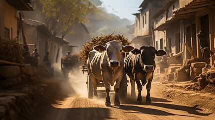 A bullock cart, pulled by a pair of strong oxen, slowly made its way down the dusty village road, carrying a load of hay bales, Front view, - obrazy, fototapety, plakaty