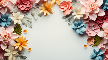 Creative layout made of flowers and leaves, Flat lay, Nature concept, Floral Greeting card. Generative Ai