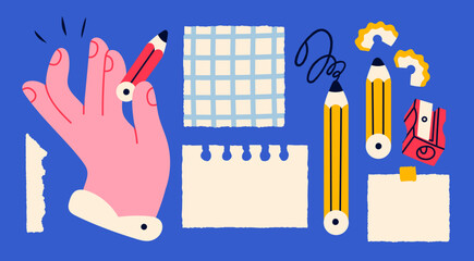 Obraz na płótnie Canvas Hand holding pencil, sharpener, checked paper, blank paper, sticky note. Reminder, office, planner concept. Hand drawn Vector illustration. Cartoon style. Isolated elements. Design templates