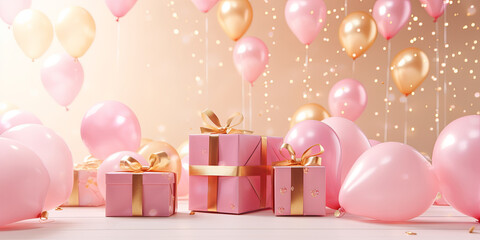 festive gift boxes, with pink and gold balloons with space for text. holiday, sales concept