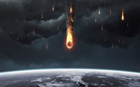 3D illustration of asteroid strike from space. Elements of image provided by Nasa