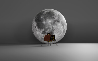 3D illustration of the the Chandrayaan-3 lunar mission from India. Moon lander, lunar spacecraft. Elements provided by NASA © Vadimsadovski