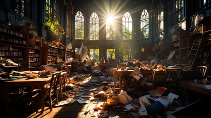 Cluttered and Dusty Library with Unorganized Books - Capturing Chaos Amid Study, Collage, and Education Concepts in Afternoon Light
