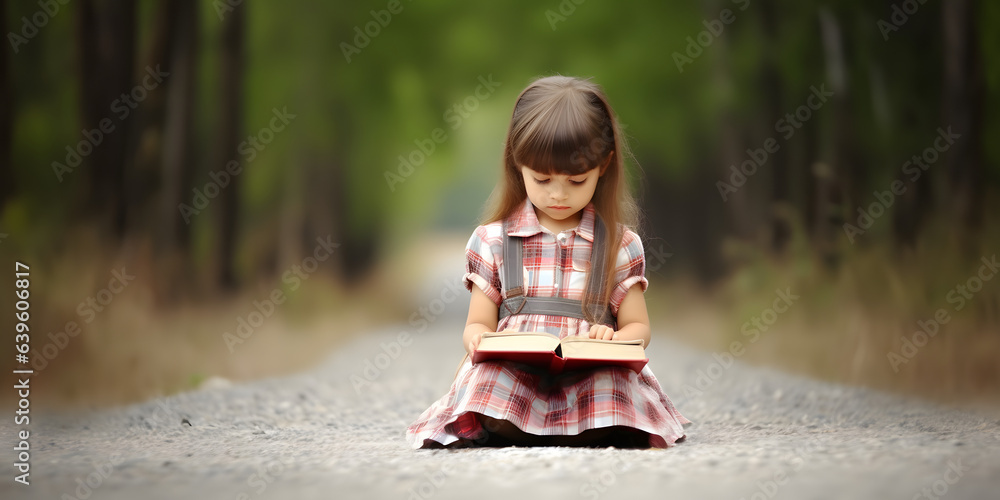 Wall mural little girl reading holy bible book at countryside.