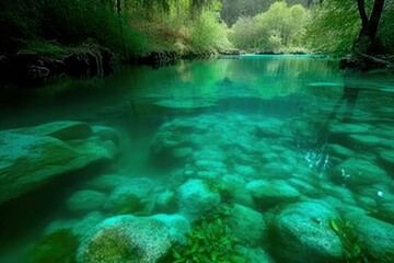 Naklejka premium Amazing pond in tropical rainforest forest with mountain rocks peak Beautiful water surface