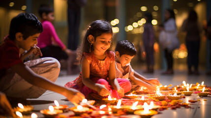 Indian little girl lighting oil lamps and celebrating Diwali, fesitval of lights