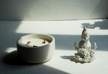 Goddess Lakshmi and a candle with three wooden wicks. Esotericism, religion. Abundance - 639607085