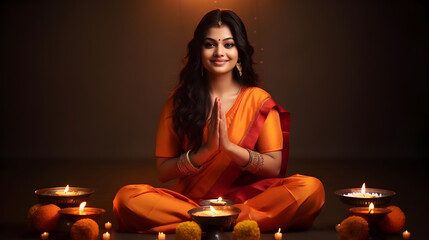 Indian woman in traditional sari with oil lamp and celebrating Diwali, fesitval of lights