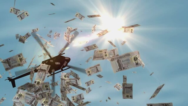 Libya Dinar banknotes helicopter money dropping. Libyan LYD 5 notes abstract 3d concept of inflation, money printing, finance, economy, crisis and quantitative easing.