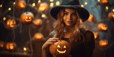 Halloween witch in hat with a magic pumpkin. Halloween costume and make-up
