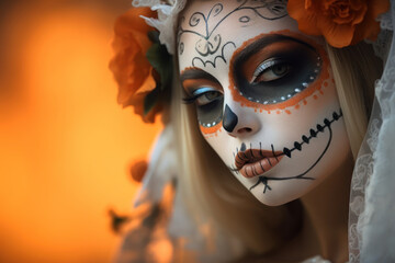 Portrait of a woman with sugar skull makeup over orange background. Halloween costume and make-up. Portrait of Calavera Catrina