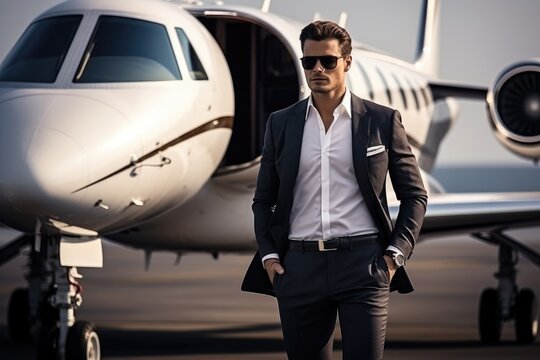Businessman standing near private jet, AI Generated