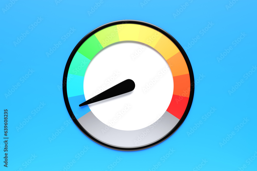 Poster 3d illustration of measuring speed icon. colorful speedometer icon, speedometer pointer points to re