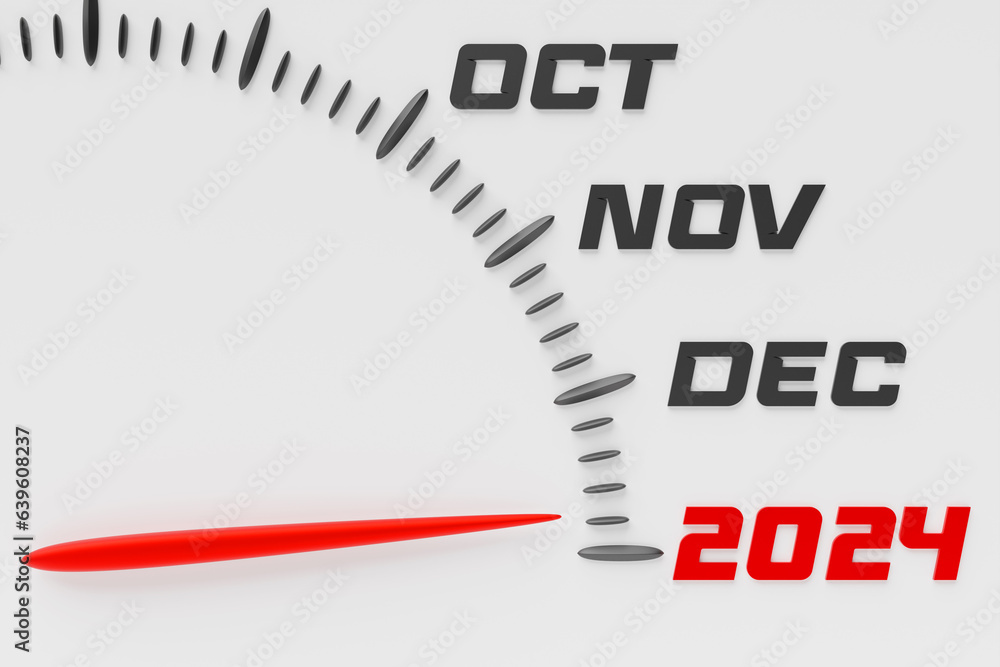 Poster 3d illustration of a detailed speedometer close-up showing the end of 2023 and the beginning of 2024