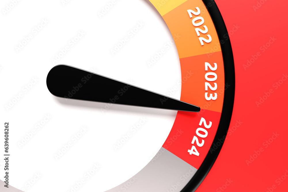 Poster 3d illustration of a detailed speedometer close-up showing the end of 2023 and the beginning of 2024