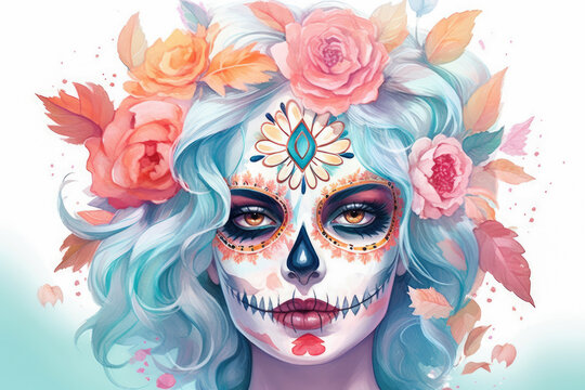 Portrait of a woman with sugar skull makeup over white background. Halloween costume and make-up. Portrait of Calavera Catrina