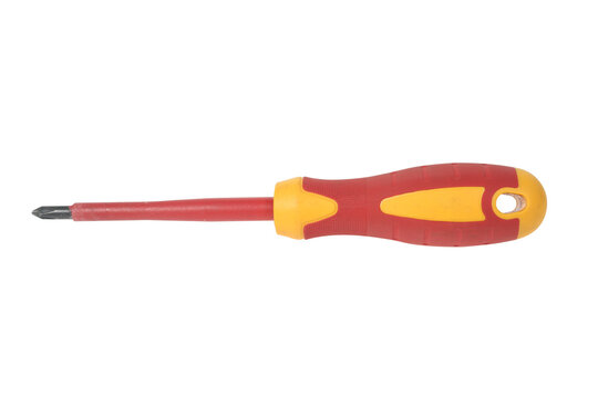 Orange red plastic dielectric screwdriver for electrical work with insulated tip isolated