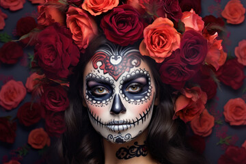 Portrait of a woman with sugar skull makeup over red background. Halloween costume and make-up. Portrait of Calavera Catrina