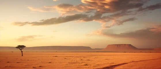 Fototapeta na wymiar Cinematic African landscape featuring a single green tree in the vast desert