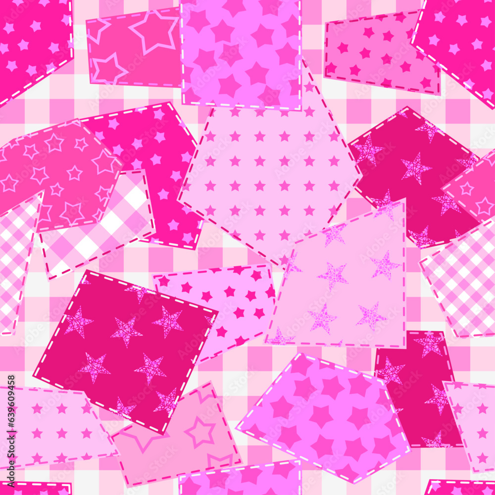 Poster Textille patchwork pattern. Pink pattern in Barbie style. Seamless Vector image.