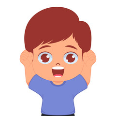 Cute boy cheering happily, hands up
