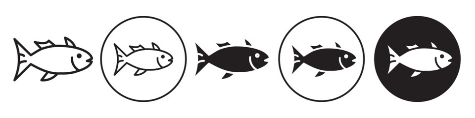 Fish Icon. Flat symbol of underwater sea fish in round circle shape. Vector set of  fresh fish aquarium contains marine wildlife sea food rich in protein. Outline logo mark of salmon or shark cartoon
