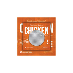 Chicken food menu social media post banner design template. Business marketing and advertising vector illustration 2023 and 2024. Square size restaurant web banner with orange gradient color.