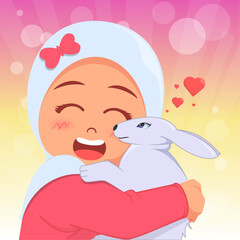 Little girl hugs beloved rabbit