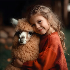A little girl is hugging a llama