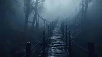 Deurstickers a broken bridge in a foggy forest 4K photo realistic.Generative AI © shuvodesign