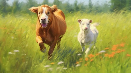 Naklejka na ściany i meble A cow and a golden retriever running in the grass past.Generative AI