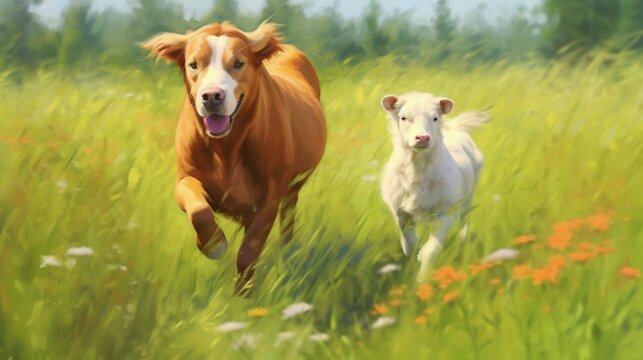 A cow and a golden retriever running in the grass past.Generative AI