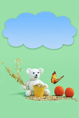Oatmeal in a bucket, a teddy bear with oats in its paw and a butterfly on the ears, on a pastel green background with copy space for text.