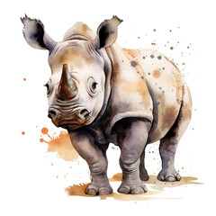 White rhinoceros watercolour, ceratotherium simum, otherwise known as a square-lipped rhinoceros. Endemic to Africa and endangered in the wild. Digital illustration.