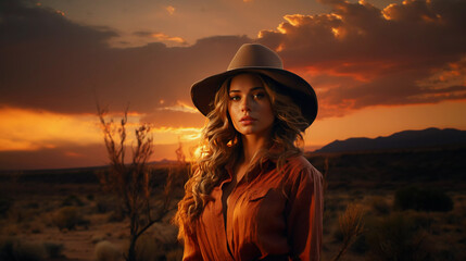 Beautiful girl with a smile on her face in a cowboy hat on the background of a beautiful sunset.
