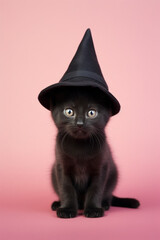 Cute black kitten with witch hat on pink background